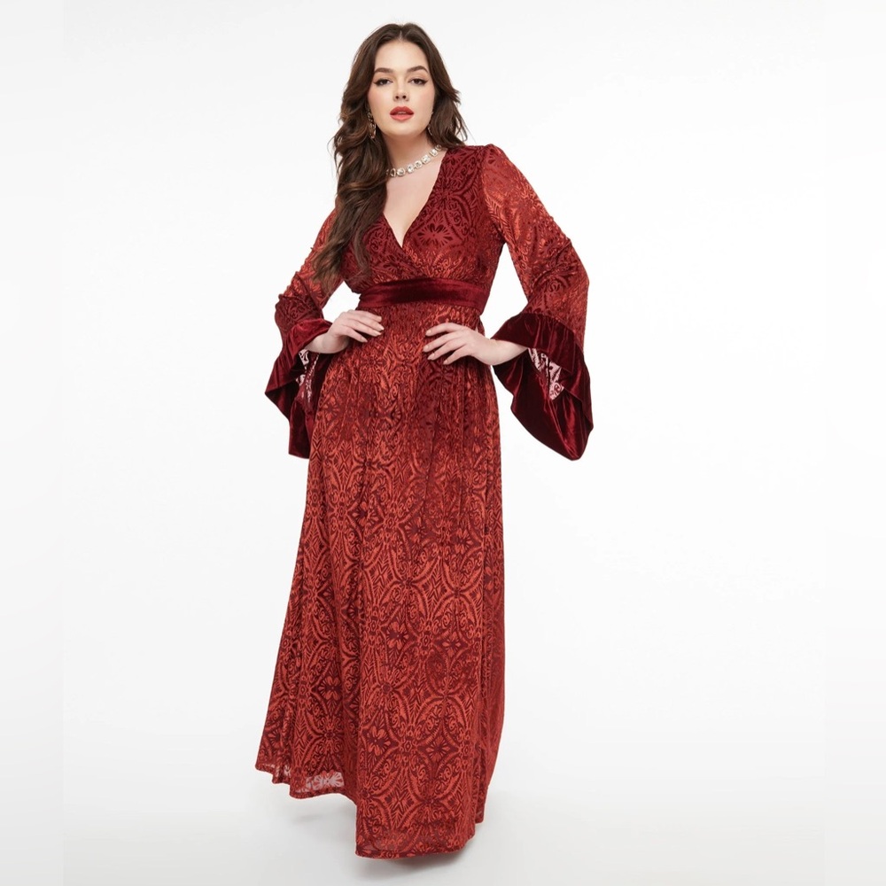 Unique Vintage 1970s Burgundy Burnout Velvet Holiday Christmas Maxi Dress